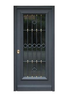 a black door with glass and metal bars