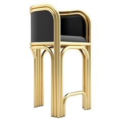 two gold chairs with black seats on each side and one chair in the middle, against a white background