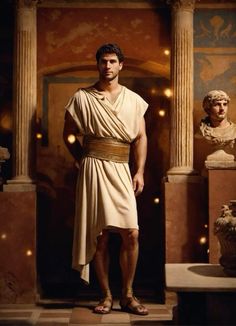 a man in an ancient greek costume standing next to some marble busturines and statues