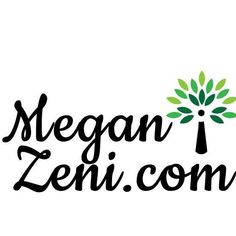 the logo for megan zeni com is shown in black on a white background