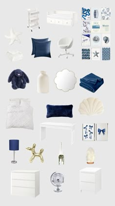 an assortment of blue and white bedroom decor