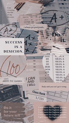 a collage of papers with words and pictures on them that say success is a decision