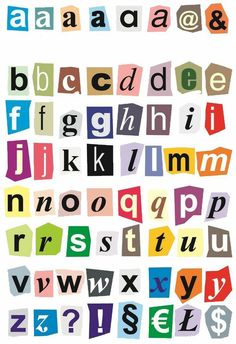 the alphabet is made up of different colors and shapes, including letters that appear to be cut