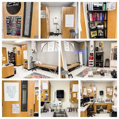 several photographs of the inside of a room with desks and bookshelves in it