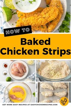 the cover of how to bake chicken strips, with pictures of different ingredients and sauces