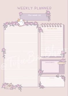 the weekly planner with pink flowers and kitty on it, in front of a white background