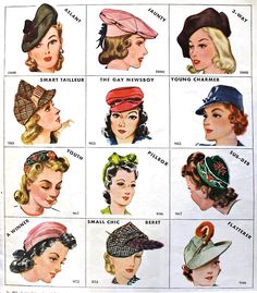 Retro Hairstyles Tutorial, 1940s Hats, Fashion 1940s, Different Hats, Humphrey Bogart, Cary Grant, 40s Fashion, Motif Vintage, Retro Mode