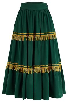 A beautiful "1950s Western-styled" Full-Circle Skirt with stunning fringe tassels and ricrac detailing just like the vintage patio sets.. A full buttoned front and neat inseam pockets. The buttons have cute textured rims, just like the originals. It has oodles of fabric that hangs luxuriously and swings out beautifully into a full circle when you twist and swirl. The Polly Crepe fabric hangs beautifully, is super soft to the touch, and is easy to care for, too. **Skirt Only, Pictured with matchi 1950s Western, Vintage Style Skirts, Vintage Patio, 1950s Fashion Dresses, Patio Sets, Tassel Skirt, Gold Fringe, Full Circle Skirts, Tassel Fringe