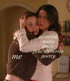 two women hugging each other in front of a kitchen counter with the words, pinterest books music fake severios poetry