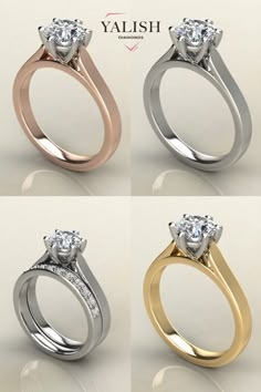 four different types of engagement rings with diamonds