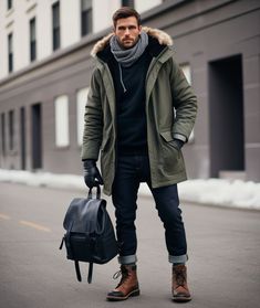 Men's Cold Weather Outfits, Winter Rugged Outfits Men, Winter Outfits Men Snow, Rugged Men's Fashion, Military Style Outfits, Winter Outfits Men Streetwear, Mens Outdoor Fashion, Cold Outfit, Winter Outfits Snow