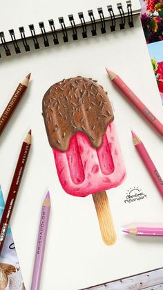 a drawing of an ice cream cone with chocolate sprinkles and crayons