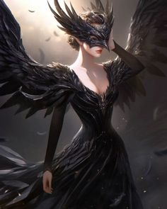 a woman in black dress with wings on her head