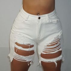 White High Waisted Shorts Available In Size Small, Medium, & Large White High-waisted Jean Shorts For Beach, White High Rise Shorts For Day Out, Ripped Summer Beach Bottoms, Trendy White Shorts For Vacation, White Jean Shorts For The Beach, Summer Vacation Ripped Bottoms, White High-waisted Ripped Bottoms, High-waisted White Ripped Bottoms, White High Waist Ripped Bottoms