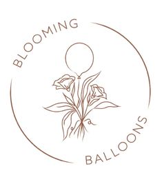 the blooming balloons logo is shown in brown and white, with flowers on it