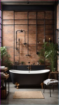 an old fashioned bathtub in a bathroom with brick walls and plants on the wall