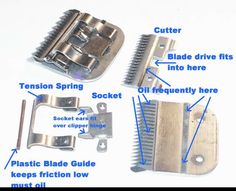 the parts of a hair clipper are labeled in blue text, and include instructions to cut them