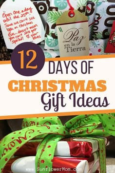 gifts wrapped in green and white paper with the words 12 days of christmas gift ideas