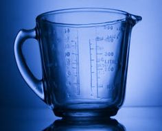 a glass measuring cup sitting on top of a table