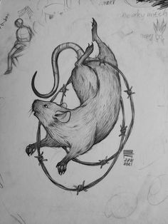 a drawing of a rat with an arrow in it's mouth