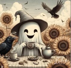 a painting of a ghost sitting at a table surrounded by sunflowers and birds