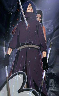 an anime character holding two swords in the rain with another person standing behind him looking on