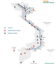 a map showing the route for vietnam's air traffic and passenger transportation system, with several destinations marked in red