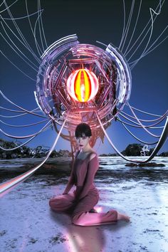 a woman sitting on the ground in front of a large object with wires coming out of it