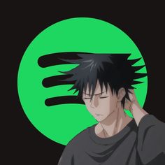 an anime character with black hair in front of a green and black circular background holding his hand to his ear