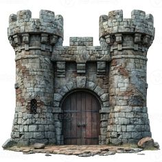 an old stone castle with a wooden door and brick walls, isolated against a white background