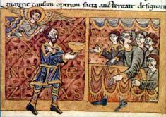 a medieval manuscript with an image of a man handing something to another man in front of him