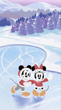 two mickey and minnie mouse characters skating on an ice rink with trees in the background