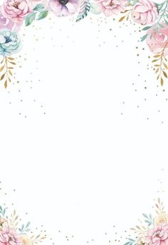 a white background with pink and blue flowers on the bottom, and gold dots in the middle