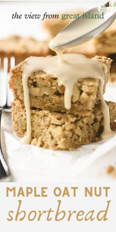 the cover of maple oat nut shortbread is being drizzled with icing