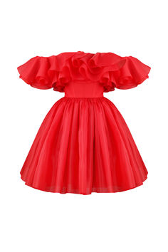 a red dress with ruffles on the shoulders