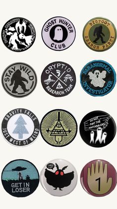 several different types of badges on a white background