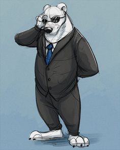 a drawing of a bear dressed in a suit and tie with his hand on his head