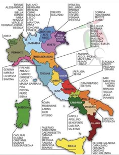 a map of italy with all the regions labeled in different colors and names on it