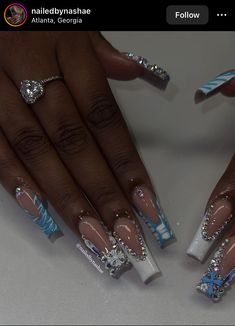 Royal Blue Nails With Silver Glitter, Silver And Light Blue Nails, Light Blue And Silver Nail Designs, Light Blue Prom Makeup Looks, Baby Blue And Silver Nails, Light Blue And Silver Nails, Baby Blue Acrylic Nails, Sweet 16 Nails, Blue Prom Nails