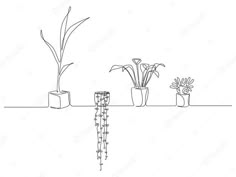 a line drawing of flowers and plants on a shelf with beads hanging from the side