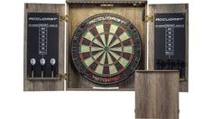 a wooden box with two darts in it and an electronic dart board on the wall