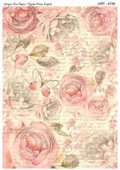 a pink rose and butterfly wallpaper with roses on the side, in pastel tones