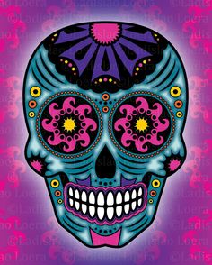 a blue and pink sugar skull on a purple background