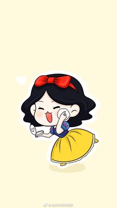 a cartoon character with a red bow on her head, holding a phone to her ear