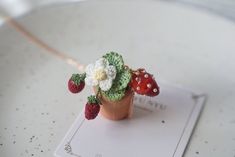 a small crocheted strawberry plant sitting on top of a white plate with red berries