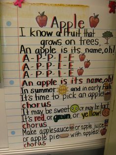 an apple themed bulletin board with writing on it