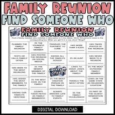 This activity is perfect for a family reunion to encourage family members to mingle. This game is tailored towards family reuniting at a reunion or family event. This is a DIGITAL download. You will need to print the cards. See video and photo previews for examples. You'll download: * A printable PDF file of a family reunion find someone who bingo card.  * Note: Bingo cards will be printed on 8 1/2 X 11 sheets (one per sheet and two per sheet options included) For any questions, please feel free Activities For Family Reunions, Family Bingo Free Printable, Family Reunion Questions, Family Reunion Games Indoor, Family Reunion Ice Breakers, Family Reunion Jeopardy, Family Reunion Ice Breaker Games, Reunion Ideas, Family Reunion Bingo Free Printable