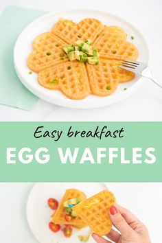 egg waffles with avocado on top and the words easy breakfast overlay