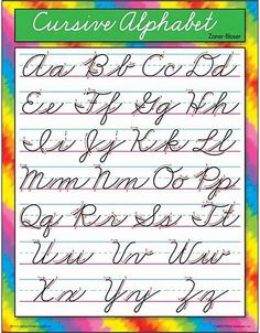 cursive alphabets are written in different colors and styles, with the letters on each