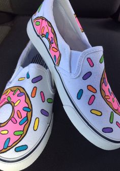 Vans Painted Shoes Ideas, Donut Shoes, Canvas Shoes Diy, Sharpie Shoes, Vans Shoes Fashion, Shoes Painting, Custom Vans Shoes, Vans Slip On Shoes